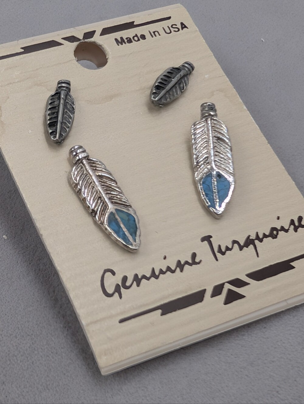 Genuine Turquoise Feather Earrings 2 Pair Made in USA Western | M272